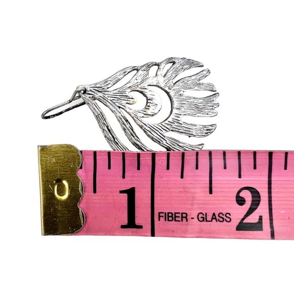 Earrings Pierced Drop Silver Tone Peacock Feathers Look - Picture 4 of 4